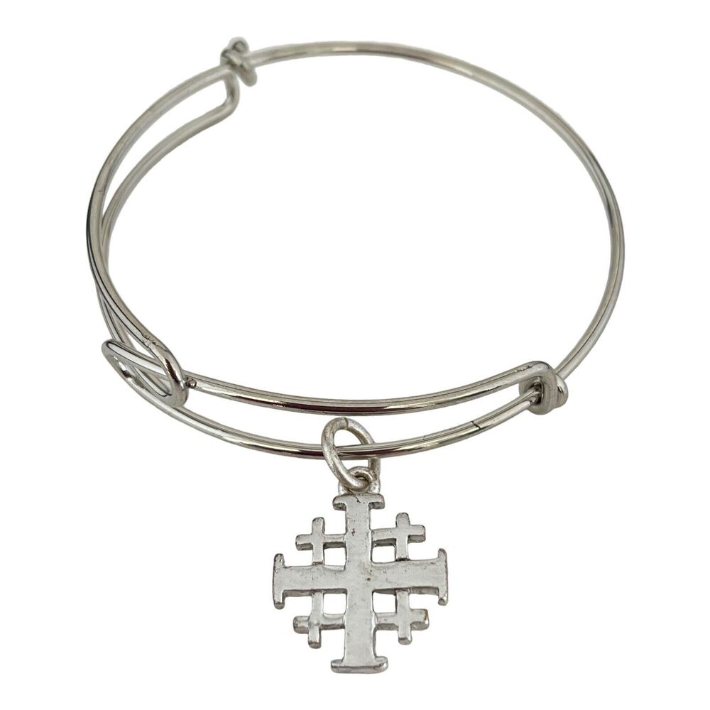 New Cross Charm Bangle Bracelet Silver Tone Design Religious 3X